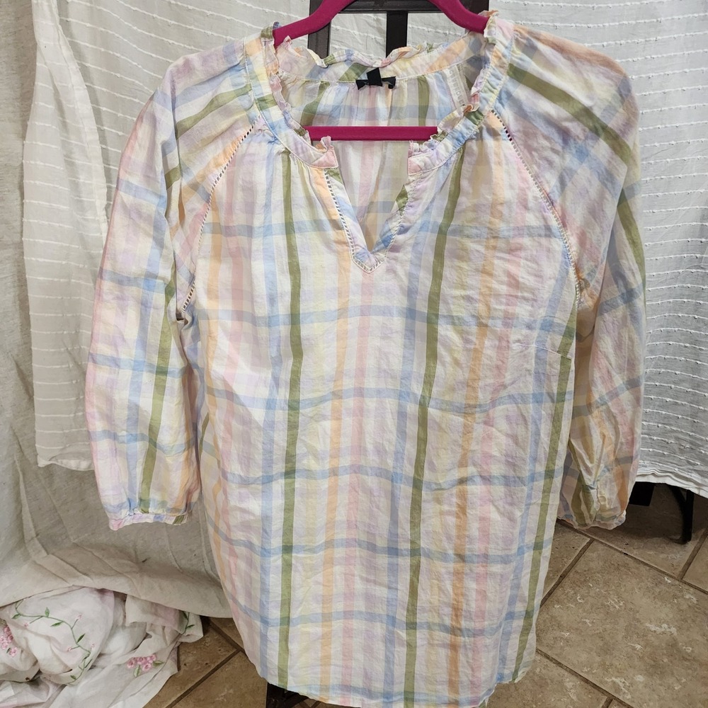 Talbots Pastel Plaid Cotton Blouse XL Split Neck Ruffle Ladder Stitch 3/4 Sleeve